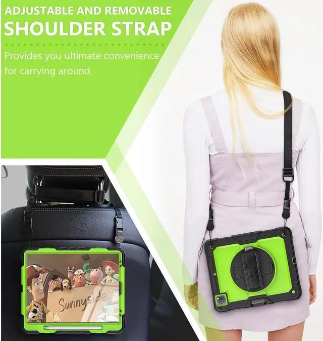 Alt view image 3 of 7 - iPad Pro 12.9 inch Case 2022 2021 2020 2018 with Pencil Holder, Shockproof Cover with Built-in Screen Protector, Hand Strap, Shoulder Strap, Kickstand for iPad Pro 12.9" 6th 5th 4th 3rd Gen Green