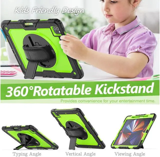 Alt view image 2 of 7 - iPad Pro 12.9 inch Case 2022 2021 2020 2018 with Pencil Holder, Shockproof Cover with Built-in Screen Protector, Hand Strap, Shoulder Strap, Kickstand for iPad Pro 12.9" 6th 5th 4th 3rd Gen Green