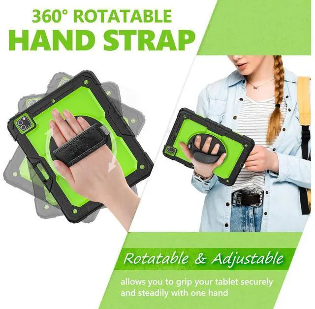 Alt view image 6 of 7 - iPad Pro 12.9 inch Case 2022 2021 2020 2018 with Pencil Holder, Shockproof Cover with Built-in Screen Protector, Hand Strap, Shoulder Strap, Kickstand for iPad Pro 12.9" 6th 5th 4th 3rd Gen Green