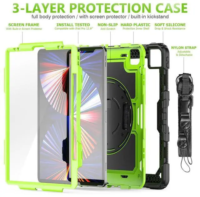 Alt view image 5 of 7 - iPad Pro 12.9 inch Case 2022 2021 2020 2018 with Pencil Holder, Shockproof Cover with Built-in Screen Protector, Hand Strap, Shoulder Strap, Kickstand for iPad Pro 12.9" 6th 5th 4th 3rd Gen Green