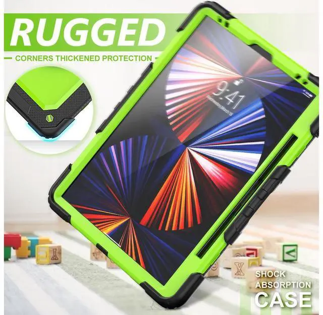 Alt view image 7 of 7 - iPad Pro 12.9 inch Case 2022 2021 2020 2018 with Pencil Holder, Shockproof Cover with Built-in Screen Protector, Hand Strap, Shoulder Strap, Kickstand for iPad Pro 12.9" 6th 5th 4th 3rd Gen Green