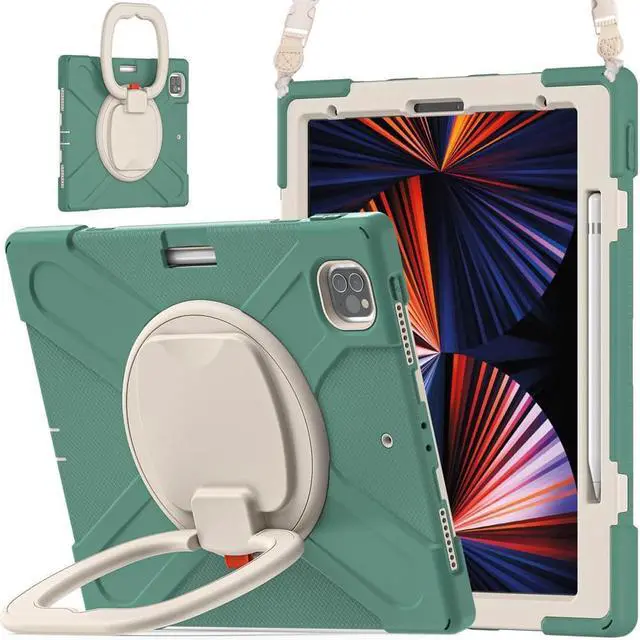 Main image of iPad Pro 12.9 inch Case 2022 2021 6th 5th Generation, Shockproof Rugged Drop Protection Cover with Pencil Holder and Rotating Kickstand Hand Strap / Shoulder Strap Dark Green