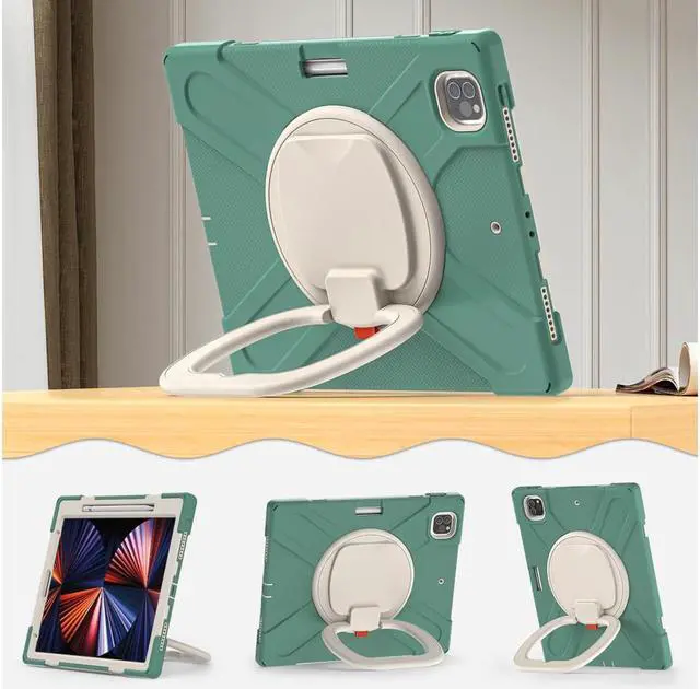 Alt view image 2 of 7 - iPad Pro 12.9 inch Case 2022 2021 6th 5th Generation, Shockproof Rugged Drop Protection Cover with Pencil Holder and Rotating Kickstand Hand Strap / Shoulder Strap Dark Green