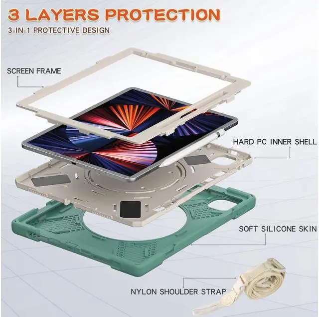 Alt view image 4 of 7 - iPad Pro 12.9 inch Case 2022 2021 6th 5th Generation, Shockproof Rugged Drop Protection Cover with Pencil Holder and Rotating Kickstand Hand Strap / Shoulder Strap Dark Green