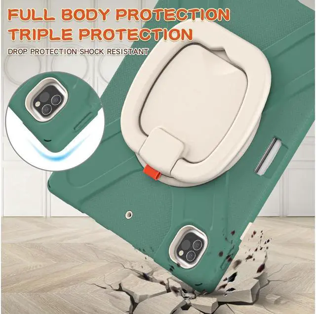 Alt view image 3 of 7 - iPad Pro 12.9 inch Case 2022 2021 6th 5th Generation, Shockproof Rugged Drop Protection Cover with Pencil Holder and Rotating Kickstand Hand Strap / Shoulder Strap Dark Green