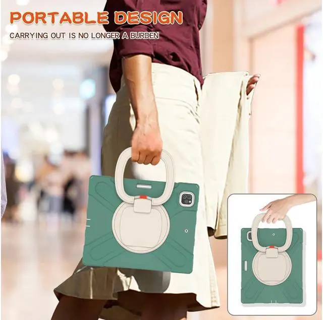 Alt view image 6 of 7 - iPad Pro 12.9 inch Case 2022 2021 6th 5th Generation, Shockproof Rugged Drop Protection Cover with Pencil Holder and Rotating Kickstand Hand Strap / Shoulder Strap Dark Green
