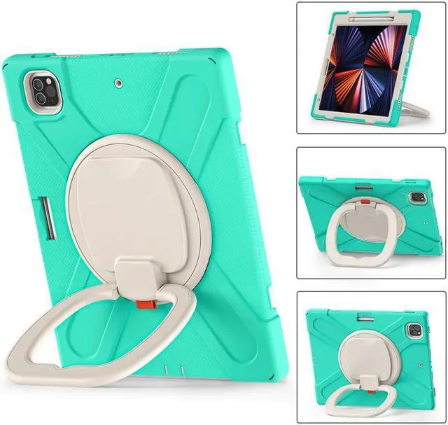 Alt view image 3 of 7 - iPad Pro 12.9 inch Case 2022 2021 6th 5th Generation, Shockproof Rugged Drop Protection Cover with Pencil Holder and Rotating Kickstand Hand Strap / Shoulder Strap Mint Green