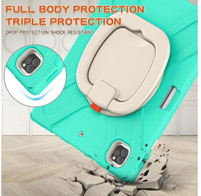 Alt view image 2 of 7 - iPad Pro 12.9 inch Case 2022 2021 6th 5th Generation, Shockproof Rugged Drop Protection Cover with Pencil Holder and Rotating Kickstand Hand Strap / Shoulder Strap Mint Green