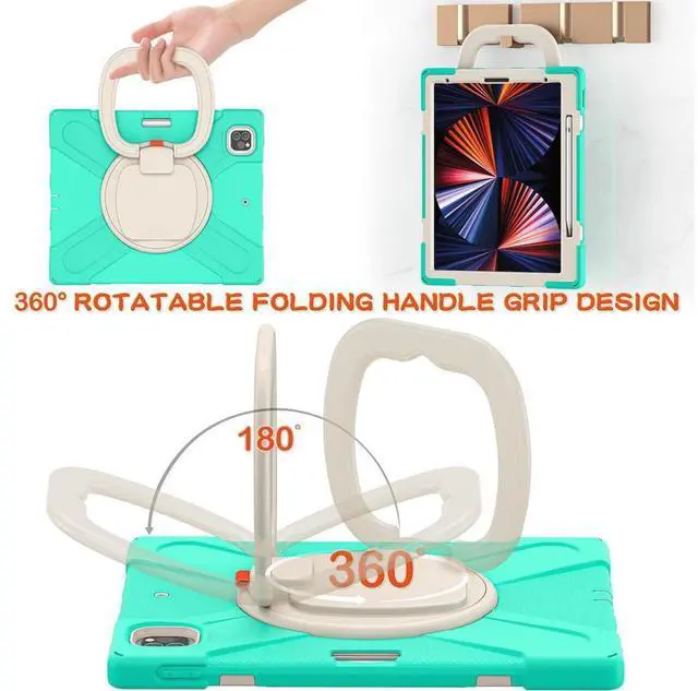 Alt view image 4 of 7 - iPad Pro 12.9 inch Case 2022 2021 6th 5th Generation, Shockproof Rugged Drop Protection Cover with Pencil Holder and Rotating Kickstand Hand Strap / Shoulder Strap Mint Green