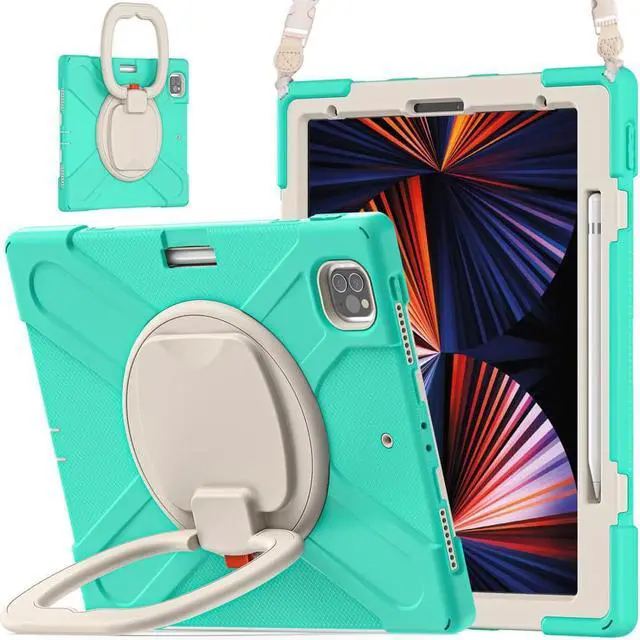 Main image of iPad Pro 12.9 inch Case 2022 2021 6th 5th Generation, Shockproof Rugged Drop Protection Cover with Pencil Holder and Rotating Kickstand Hand Strap / Shoulder Strap Mint Green