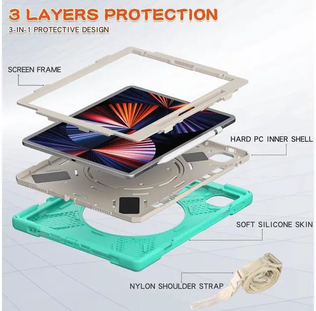 Alt view image 5 of 7 - iPad Pro 12.9 inch Case 2022 2021 6th 5th Generation, Shockproof Rugged Drop Protection Cover with Pencil Holder and Rotating Kickstand Hand Strap / Shoulder Strap Mint Green
