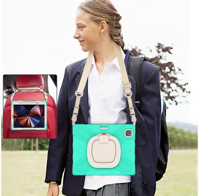 Alt view image 7 of 7 - iPad Pro 12.9 inch Case 2022 2021 6th 5th Generation, Shockproof Rugged Drop Protection Cover with Pencil Holder and Rotating Kickstand Hand Strap / Shoulder Strap Mint Green