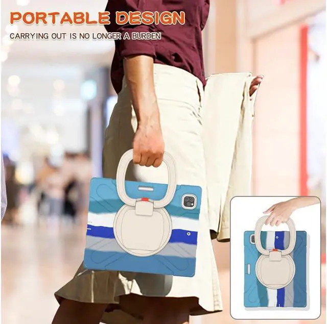 Alt view image 3 of 7 - iPad Pro 12.9 inch Case 2022 2021 6th 5th Generation, Shockproof Rugged Drop Protection Cover with Pencil Holder and Rotating Kickstand Hand Strap / Shoulder Strap Blue/Blue