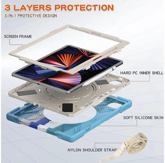 Alt view image 4 of 7 - iPad Pro 12.9 inch Case 2022 2021 6th 5th Generation, Shockproof Rugged Drop Protection Cover with Pencil Holder and Rotating Kickstand Hand Strap / Shoulder Strap Blue/Blue