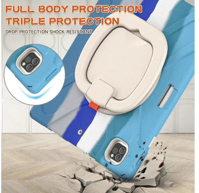 Alt view image 6 of 7 - iPad Pro 12.9 inch Case 2022 2021 6th 5th Generation, Shockproof Rugged Drop Protection Cover with Pencil Holder and Rotating Kickstand Hand Strap / Shoulder Strap Blue/Blue