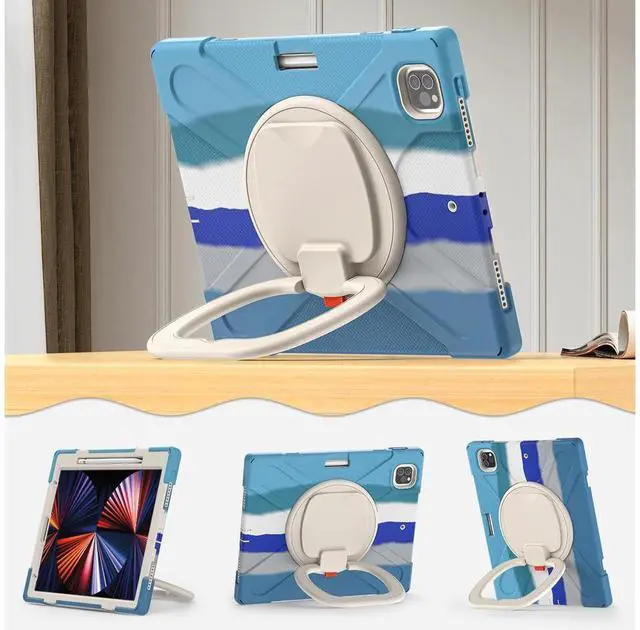 Alt view image 5 of 7 - iPad Pro 12.9 inch Case 2022 2021 6th 5th Generation, Shockproof Rugged Drop Protection Cover with Pencil Holder and Rotating Kickstand Hand Strap / Shoulder Strap Blue/Blue