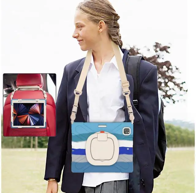Alt view image 7 of 7 - iPad Pro 12.9 inch Case 2022 2021 6th 5th Generation, Shockproof Rugged Drop Protection Cover with Pencil Holder and Rotating Kickstand Hand Strap / Shoulder Strap Blue/Blue