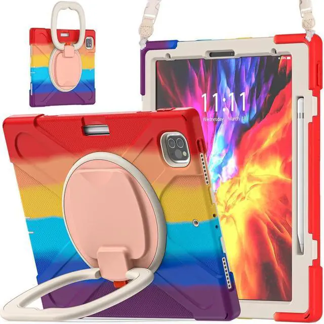 Main image of iPad Pro 12.9 Case 2022 2021, Shockproof Cover with Pencil Holder and Rotating Kickstand Hand Strap / Shoulder Strap For iPad Pro 12.9 inch 2022 2021 6th 5th Generation Rainbow Red