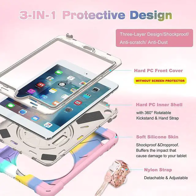 Alt view image 6 of 7 - Case For iPad Mini 1 Mini 2 Mini 3 Full Body ShockProof Cover with 360 Degrees Swivel Stand and Hand Grip Strap / Shoulder Strap Pink