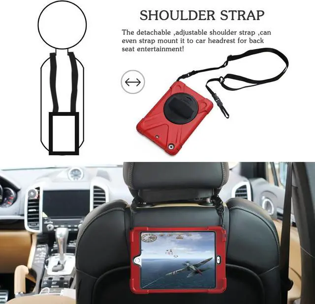 Alt view image 4 of 7 - Case For iPad Mini 1 Mini 2 Mini 3 Full Body ShockProof Cover with 360 Degrees Swivel Stand and Hand Grip Strap / Shoulder Strap Red