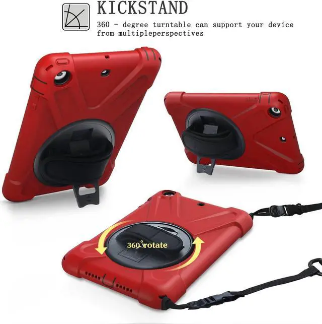 Alt view image 3 of 7 - Case For iPad Mini 1 Mini 2 Mini 3 Full Body ShockProof Cover with 360 Degrees Swivel Stand and Hand Grip Strap / Shoulder Strap Red