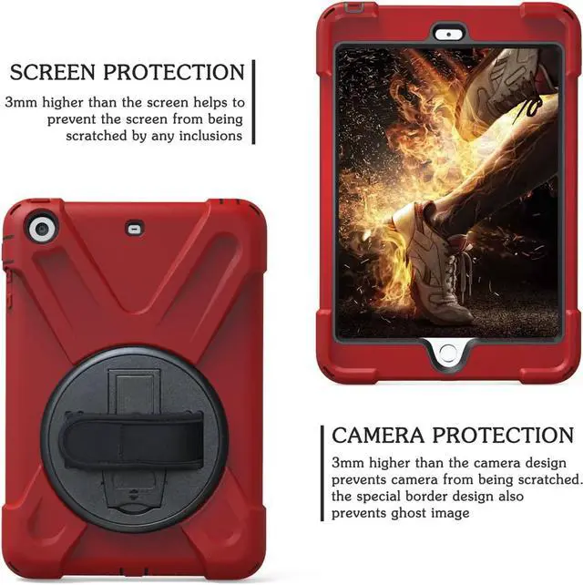 Alt view image 5 of 7 - Case For iPad Mini 1 Mini 2 Mini 3 Full Body ShockProof Cover with 360 Degrees Swivel Stand and Hand Grip Strap / Shoulder Strap Red