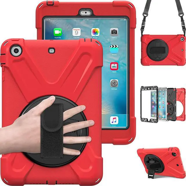 Main image of Case For iPad Mini 1 Mini 2 Mini 3 Full Body ShockProof Cover with 360 Degrees Swivel Stand and Hand Grip Strap / Shoulder Strap Red