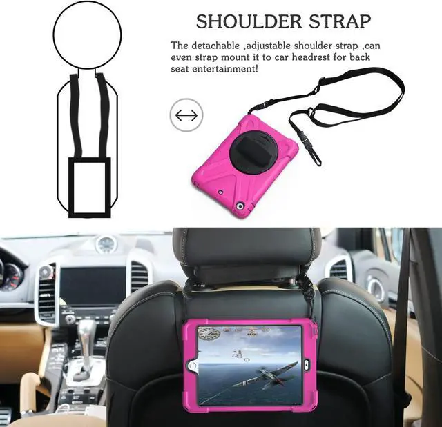 Alt view image 4 of 6 - Case For iPad Mini 1 Mini 2 Mini 3 Full Body ShockProof Cover with 360 Degrees Swivel Stand and Hand Grip Strap / Shoulder Strap Rose Red