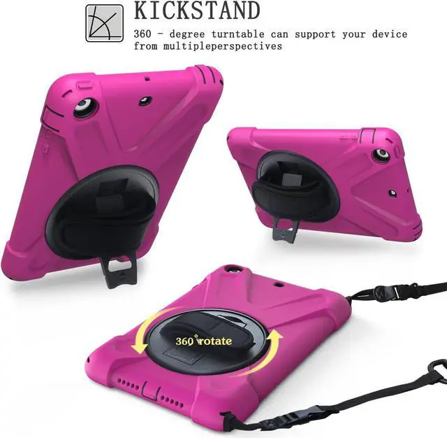 Alt view image 3 of 6 - Case For iPad Mini 1 Mini 2 Mini 3 Full Body ShockProof Cover with 360 Degrees Swivel Stand and Hand Grip Strap / Shoulder Strap Rose Red