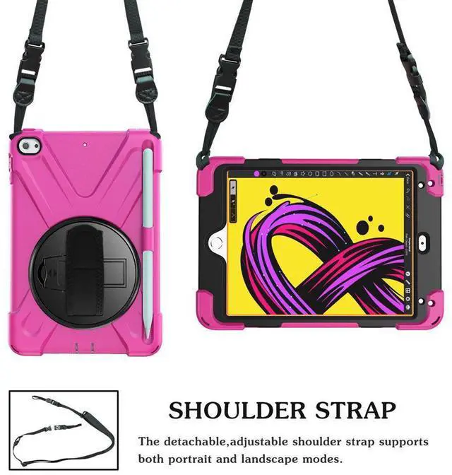Alt view image 12 of 14 - iPad Mini 5 Case 2019 iPad Mini 4 Case with Pencil Holder Shockproof 360 Degree Rotation Cover with Kickstand Hand Strap Shoulder Strip Protective Case for iPad Mini 5th iPad Mini 4th Generation