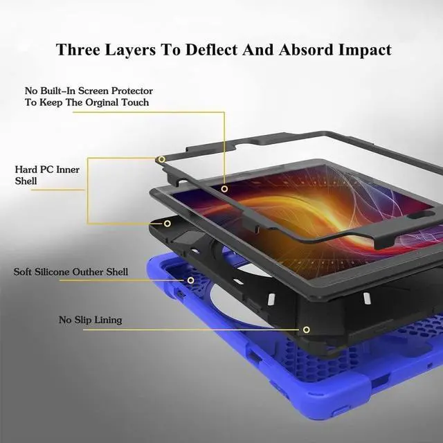 Alt view image 3 of 7 - iPad Air 1st Genearton Case for Kids 2013 | iPad Air First Generation Case Rugged Shockproof | Three Layer Durable Case with Stand Hand Shoulder Strap for iPad Air 1 A1474 A1475 A1476 Blue