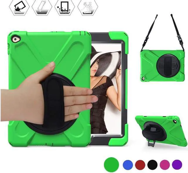 Main image of iPad Air 2 Case 9.7 Inch 2014 Case for iPad Model A1566 / A1567, 360 Degrees Built-in Stand Heavy Duty Hand&Shoulder Strap Full-Body Protective Case for iPad Air 2 Green
