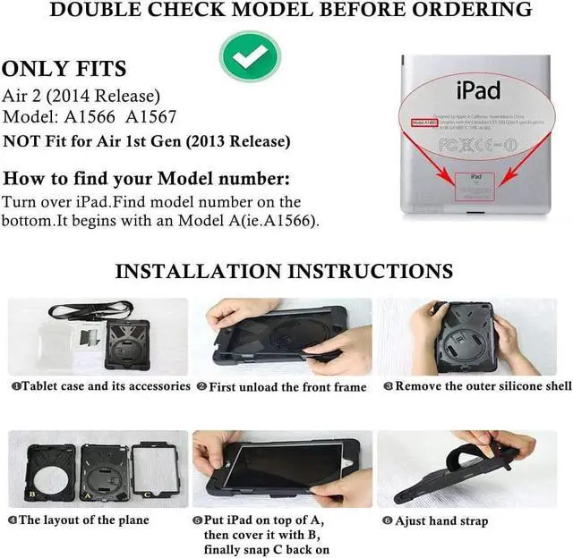 Alt view image 2 of 7 - iPad Air 2 Case 9.7 Inch 2014 Case for iPad Model A1566 / A1567, 360 Degrees Built-in Stand Heavy Duty Hand&Shoulder Strap Full-Body Protective Case for iPad Air 2 Green
