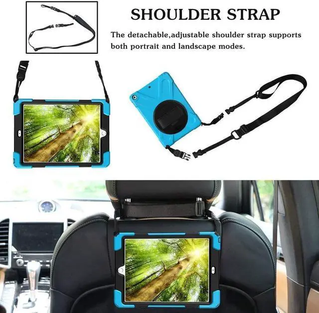 Alt view image 3 of 7 - iPad Air 2 Case 9.7 Inch 2014 Case for iPad Model A1566 / A1567, 360 Degrees Built-in Stand Heavy Duty Hand&Shoulder Strap Full-Body Protective Case for iPad Air 2 Light Blue