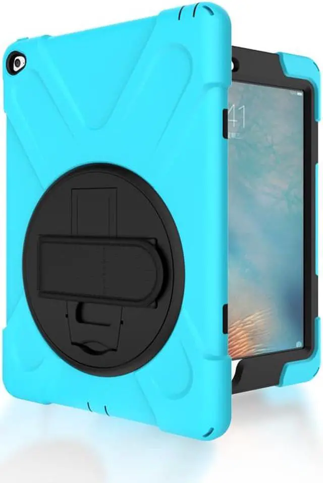 Alt view image 5 of 7 - iPad Air 2 Case 9.7 Inch 2014 Case for iPad Model A1566 / A1567, 360 Degrees Built-in Stand Heavy Duty Hand&Shoulder Strap Full-Body Protective Case for iPad Air 2 Light Blue