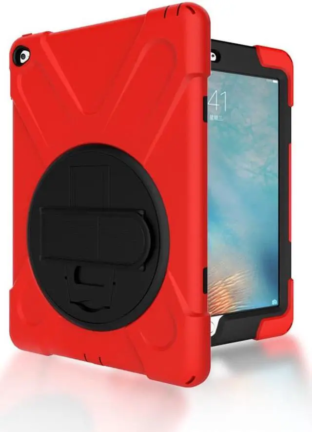 Alt view image 6 of 7 - iPad Air 2 Case 9.7 Inch 2014 Case for iPad Model A1566 / A1567, 360 Degrees Built-in Stand Heavy Duty Hand&Shoulder Strap Full-Body Protective Case for iPad Air 2 Red