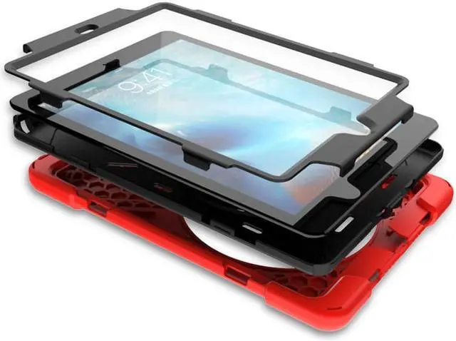 Alt view image 7 of 7 - iPad Air 2 Case 9.7 Inch 2014 Case for iPad Model A1566 / A1567, 360 Degrees Built-in Stand Heavy Duty Hand&Shoulder Strap Full-Body Protective Case for iPad Air 2 Red