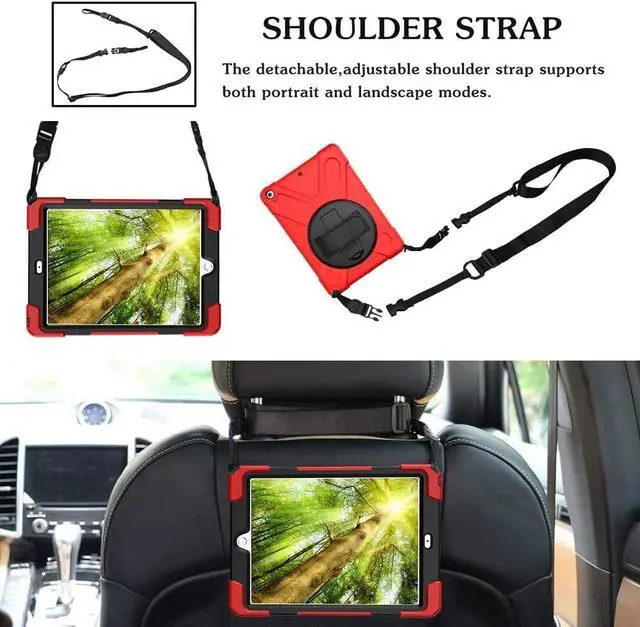 Alt view image 3 of 7 - iPad Air 2 Case 9.7 Inch 2014 Case for iPad Model A1566 / A1567, 360 Degrees Built-in Stand Heavy Duty Hand&Shoulder Strap Full-Body Protective Case for iPad Air 2 Red