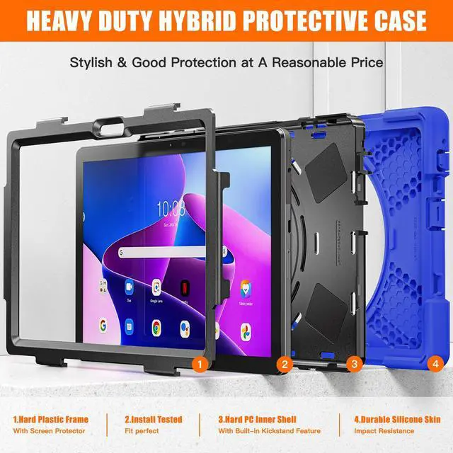 Alt view image 7 of 7 - Case for Lenovo Tab M10 3rd Gen 10.1 inch 2022 Model TB-328FU TB-328XU with Pencil Holder, Kickstand, Hand & Shoulder Strap Shockproof Protective Cover Blue