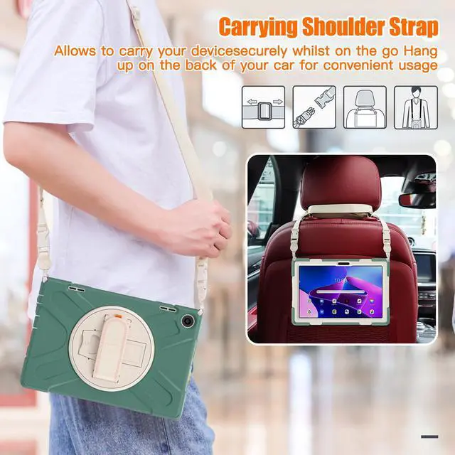 Alt view image 5 of 7 - Case for Lenovo Tab M10 3rd Gen 10.1 inch 2022 Model TB-328FU TB-328XU with Pencil Holder, Kickstand, Hand & Shoulder Strap Shockproof Protective Cover Dark Green