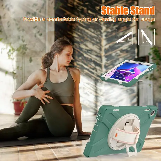 Alt view image 2 of 7 - Case for Lenovo Tab M10 3rd Gen 10.1 inch 2022 Model TB-328FU TB-328XU with Pencil Holder, Kickstand, Hand & Shoulder Strap Shockproof Protective Cover Dark Green