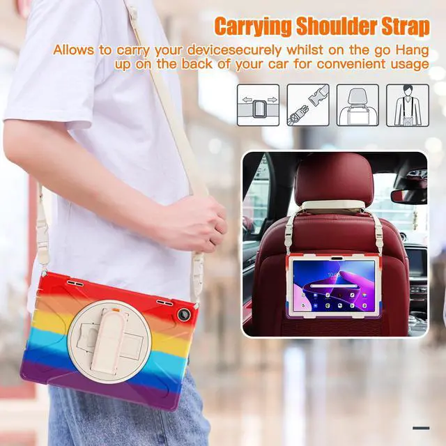 Alt view image 5 of 7 - Case for Lenovo Tab M10 3rd Gen 10.1 inch 2022 Model TB-328FU TB-328XU with Pencil Holder, Kickstand, Hand & Shoulder Strap Shockproof Protective Cover Rainbow Red