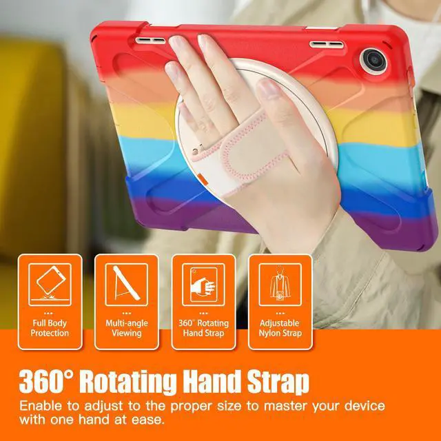 Alt view image 6 of 7 - Case for Lenovo Tab M10 3rd Gen 10.1 inch 2022 Model TB-328FU TB-328XU with Pencil Holder, Kickstand, Hand & Shoulder Strap Shockproof Protective Cover Rainbow Red