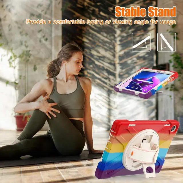 Alt view image 2 of 7 - Case for Lenovo Tab M10 3rd Gen 10.1 inch 2022 Model TB-328FU TB-328XU with Pencil Holder, Kickstand, Hand & Shoulder Strap Shockproof Protective Cover Rainbow Red