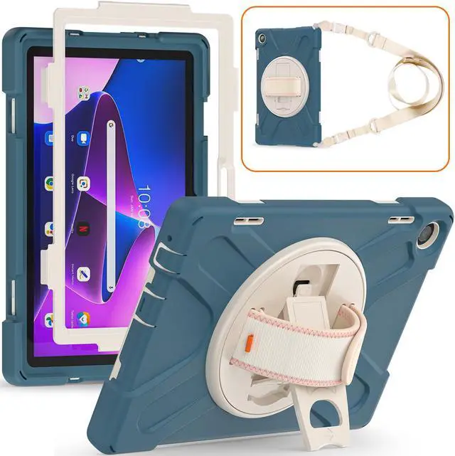Main image of Case for Lenovo Tab M10 3rd Gen 10.1 inch 2022 Model TB-328FU TB-328XU with Pencil Holder, Kickstand, Hand & Shoulder Strap Shockproof Protective Cover Dark Blue