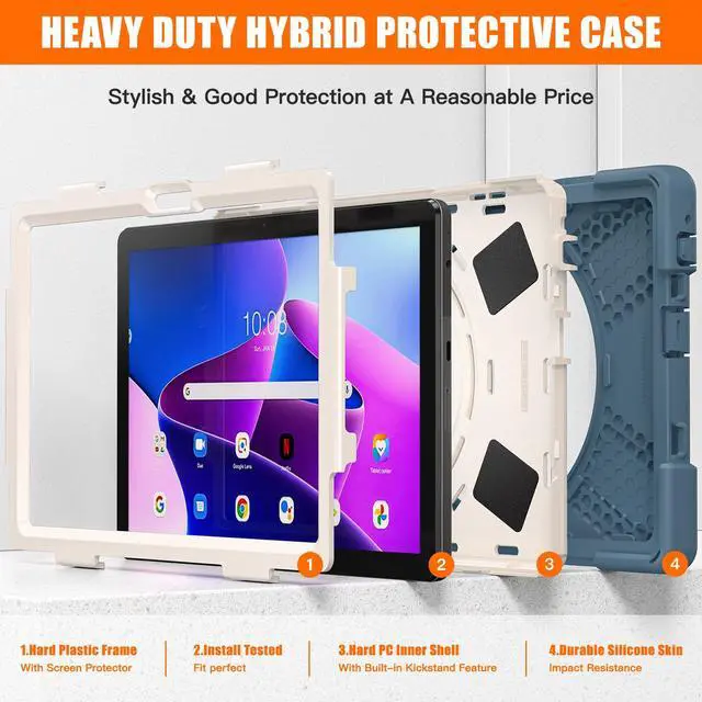 Alt view image 7 of 7 - Case for Lenovo Tab M10 3rd Gen 10.1 inch 2022 Model TB-328FU TB-328XU with Pencil Holder, Kickstand, Hand & Shoulder Strap Shockproof Protective Cover Dark Blue