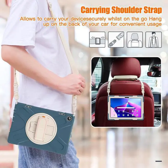 Alt view image 5 of 7 - Case for Lenovo Tab M10 3rd Gen 10.1 inch 2022 Model TB-328FU TB-328XU with Pencil Holder, Kickstand, Hand & Shoulder Strap Shockproof Protective Cover Dark Blue