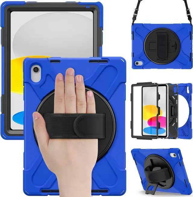 Main image of iPad 10th Generation Case 2022 10.9 Inch Model A2696 A2757 A2777 Shockproof Cover with Pencil Holder Stand Hand Strap Shoulder Belt Blue