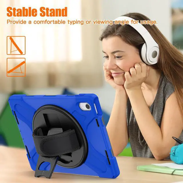 Alt view image 3 of 7 - iPad 10th Generation Case 2022 10.9 Inch Model A2696 A2757 A2777 Shockproof Cover with Pencil Holder Stand Hand Strap Shoulder Belt Blue
