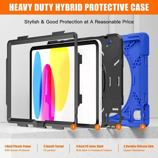 Alt view image 7 of 7 - iPad 10th Generation Case 2022 10.9 Inch Model A2696 A2757 A2777 Shockproof Cover with Pencil Holder Stand Hand Strap Shoulder Belt Blue
